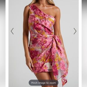 KAILEY MINI DRESS - ONE SHOULDER WRAP FRONT DRESS IN PINK & BEIGE JACQUARD